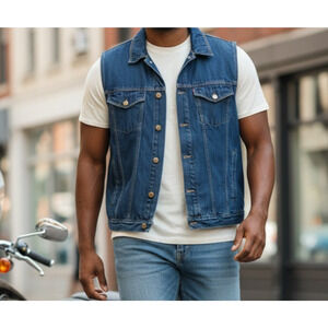 Jafrum Motorcycle Gear Vest Men's 3XL Biker Blue Denim Lined w/Inside Pockets